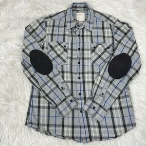 Life/After/Denim Tartan Plaid Flannel Shirt Grey Black Blue Elbow Patches Size M
